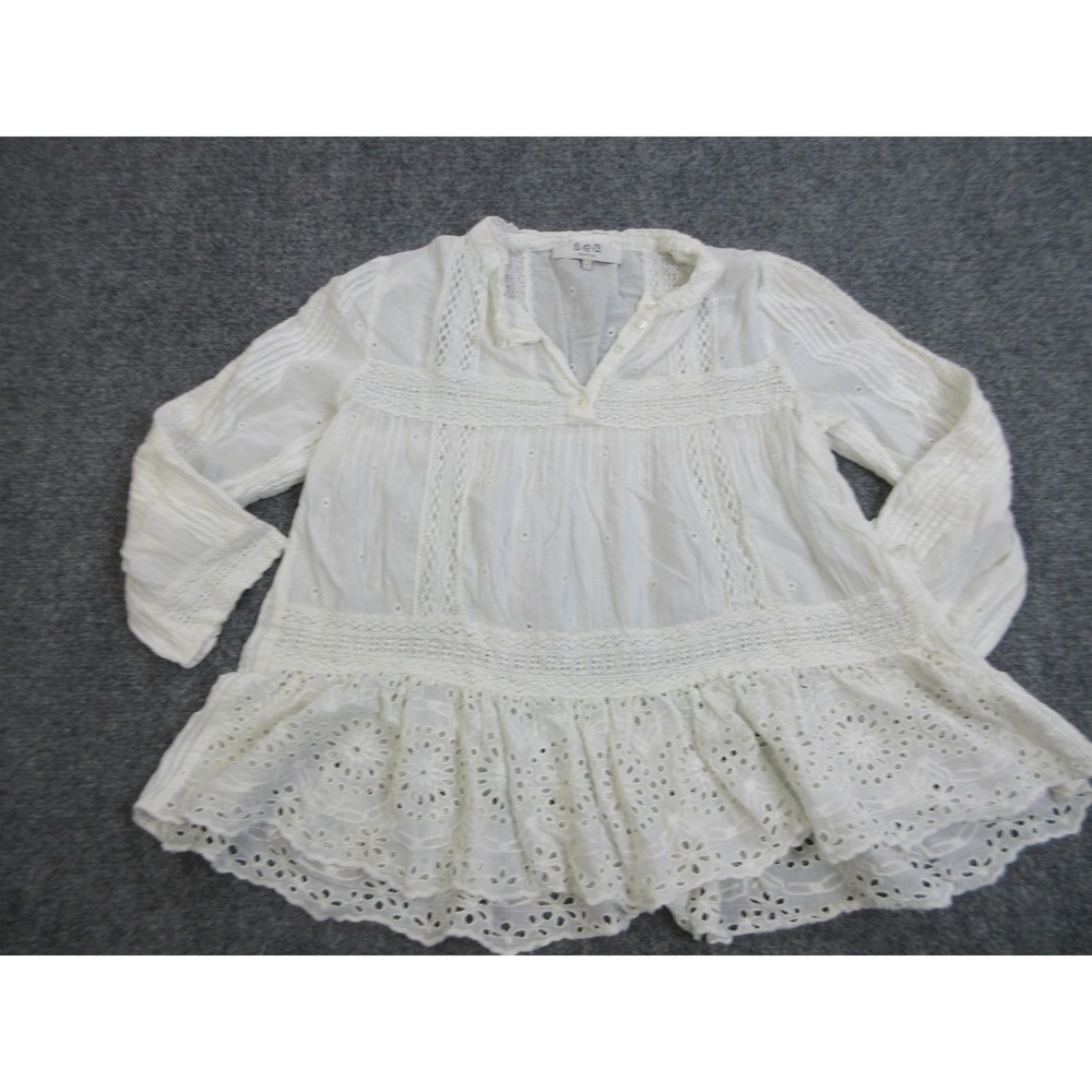 Sea New York Shirt Womens 4 White Eyelet Crochet Ruffle Tunic Boho Sheer Top